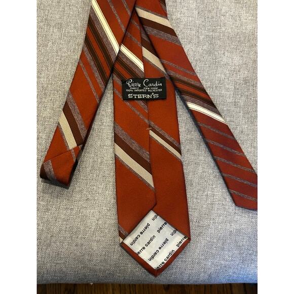 Vintage 70’s PIERRE CARDIN Rust Red Grey Cream Stripe Logo 100% Polyester Tie - Picture 4 of 7